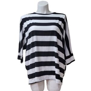 Tickled Teal Striped Black White Oversized T-shirt Top Women's Sz L